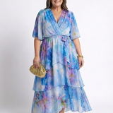 Calista | Sheer Layered V Neck Tie Waist Maxi Dress